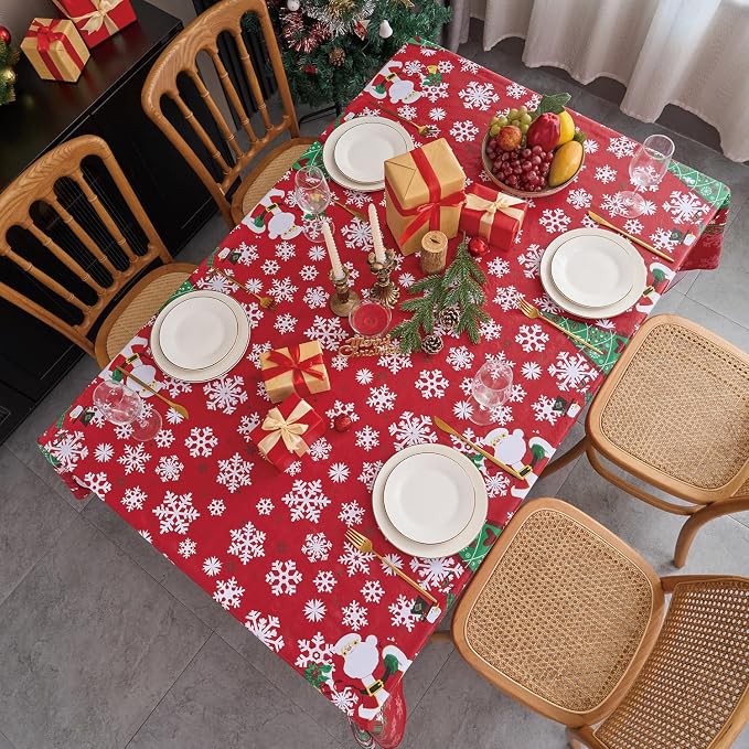 NLMUVW Vinyl Christmas Tablecloth with Flannel Backing 100% Waterproof Rectangle Red PVC Table Cloth Wipe Clean Table Cover for Dining Party Outdoor, Snowflake, 60 X 102 Inch