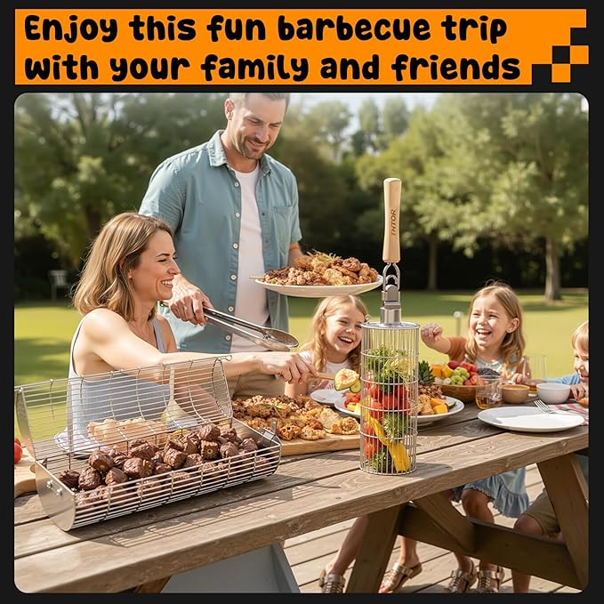 TNTOR Rolling Grill Basket, Larger 304 Stainless Steel Nesting Grilling Net, Removable Handle, BBQ Accessories Tools for Veg Shrimp, Outdoor Cooking Camping Father's Day grilling gifts for men Dad