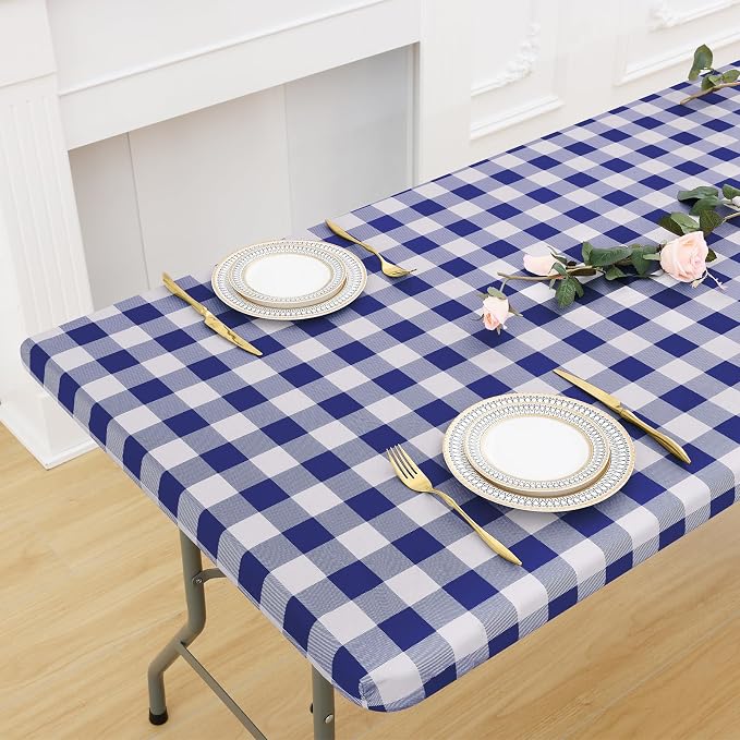 Buffalo Rectangle Picnic Tablecloth, 6 Foot Elastic Fitted Vinyl Table Cloth with Flannel Backing, Waterproof Plaid Table Covers for Dining, Camping, Outdoor (Navy and White, 30" x 72")