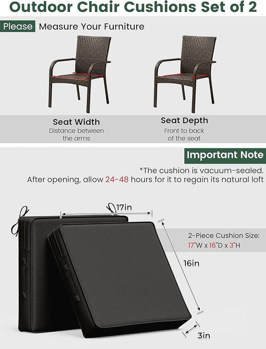 Outdoor Chair Cushion 17 x 16 x 3 Inches Patio Furniture Outdoor Waterproof Seat Cushion, Patio Chair Cushion with Handles and Ties, Square Dining Chair Cushion Set of 2, Black