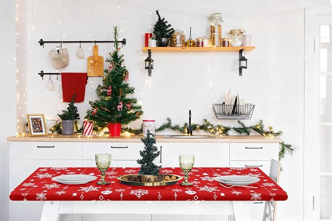Smiry Rectangle Christmas Table Cloth, Waterproof Elastic Fitted Tablecloths for 6 Foot Tables, Washable Polyester Table Cover for Dinner (Christmas Snowflakes, 30"x72")