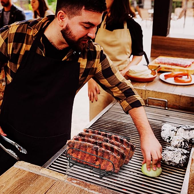Rib Rack for Smoking and Grilling - 12" Extra Long Stainless Steel BBQ Holder - Non-Stick Vertical Roasting Stand Compatible with Most Gas Charcoal Pellet Smokers - Holds 4 Full Racks