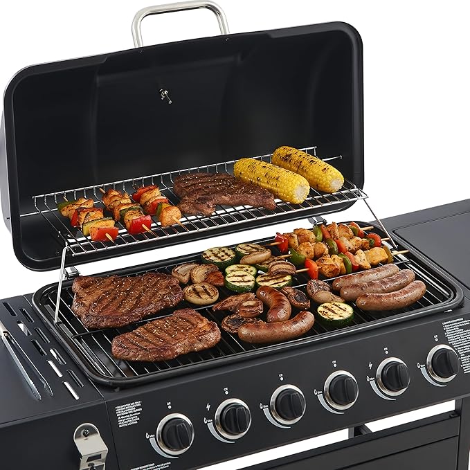 Outdoor Gas Grill with 6 Burners & Side Burner 59000 BTU Stainless Steel BBQ Grill Enamel-Coated Grates Side Tables for Backyard Patio Cooking Charcoal Grills & Smokers,A3
