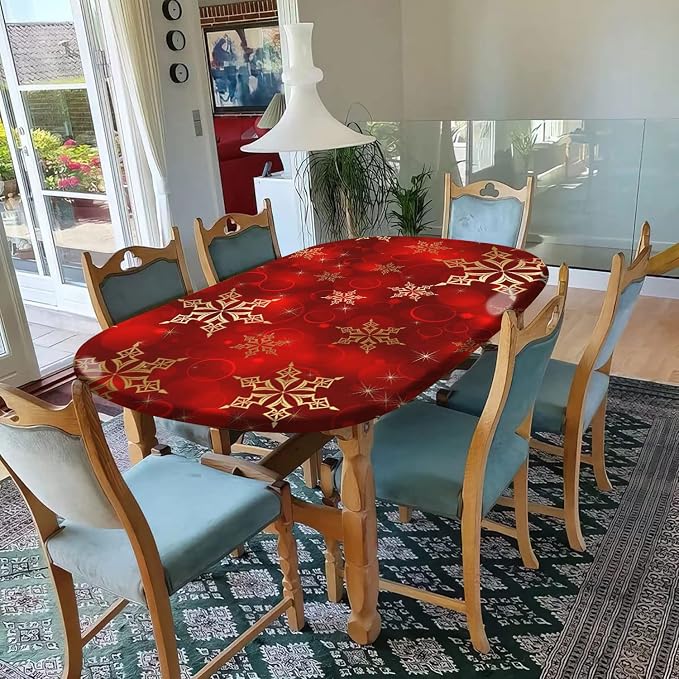 Red Christmas Oval Tablecloths, Red Golden Snowflake Christmas Print Elastic Fitted Table Cloth, Windproof Oblong Table Covers for Indoor Dinner and Outdoor Patio Decor, Fits Tables up to 42" x 60"