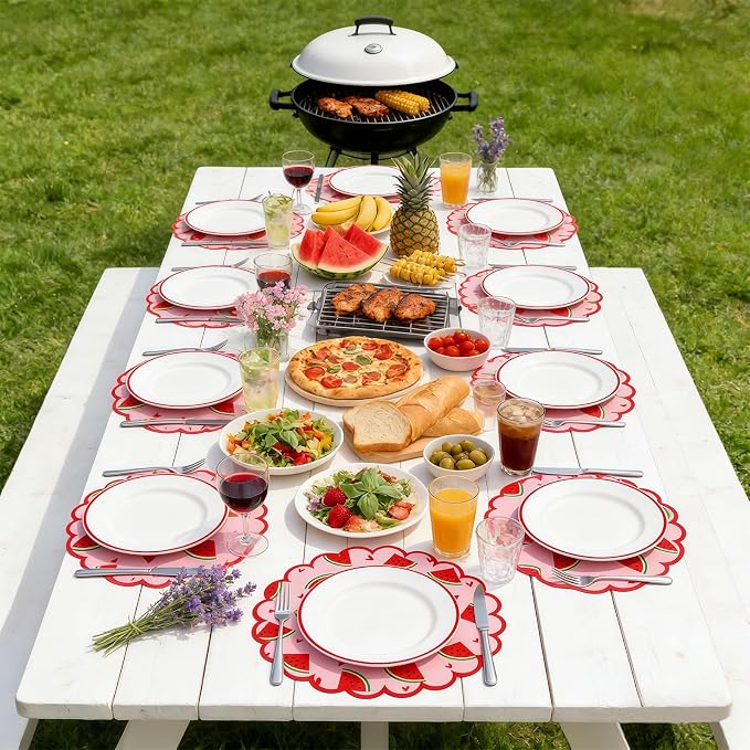 100 Pcs Watermelon Paper Placemats Orange Fruit Place Mats 13.5 Inch Disposable Round Decorative Dining Table Mat with Scalloped Edge for Summer Picnic BBQ Birthday Bridal Wedding Party Supplies