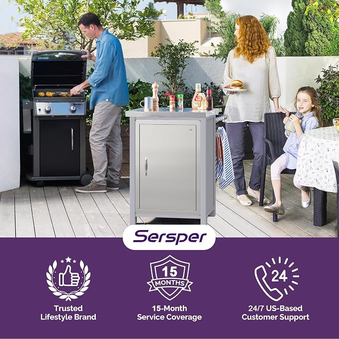 Sersper Outdoor Kitchen Door, 17" W x 24" H Stainless Steel Single Access Door with Venting Holes, Recessed Installation, 1 Ergonomic Handles, 3 Hooks, Ideal for Outdoor Kitchens and BBQ Islands