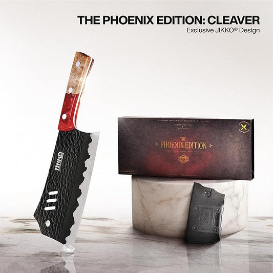 Jikko Japanese Meat Cleaver Knife Phoenix Edition Cleaver, 7.3" Blade, Forged Hammered Blade, Olive Wood & Resin Handle, Butcher Knife Cleaver, Japanese Kitchen Knife