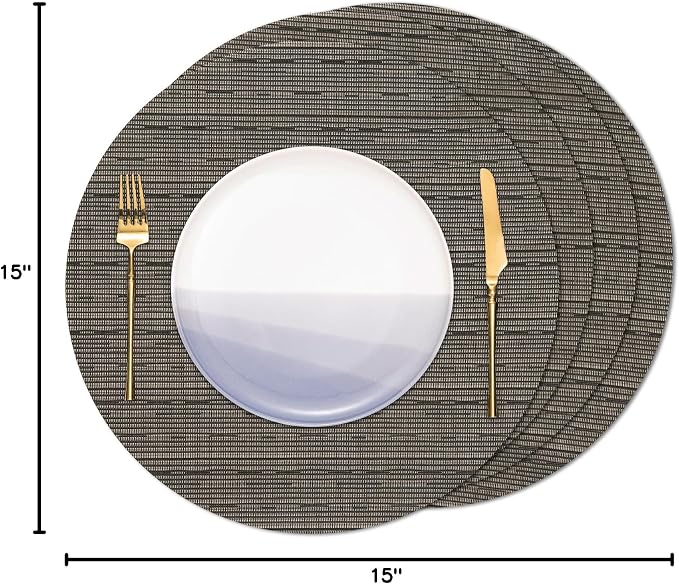 Round Placemats Set of 4 Heat Resistant Vinyl Placemats 15 inch Washable Non-Slip Table Mats Woven Place Mats for Dining Table (Black + Golden, Set of 4)
