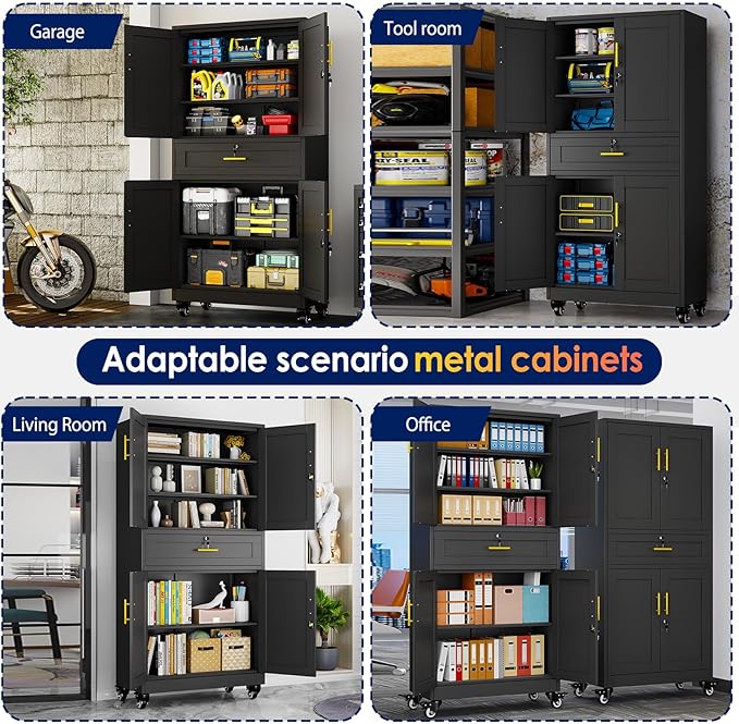 erosoei 75" H Metal Garage Storage Cabinet, Rolling Tool Cabinet with 2 Doors and Wheels, Locker Steel Cabinet with 4 Adjustable Shelves and Drawer, Organization Cabinet for Garage,Office,Home,Gym