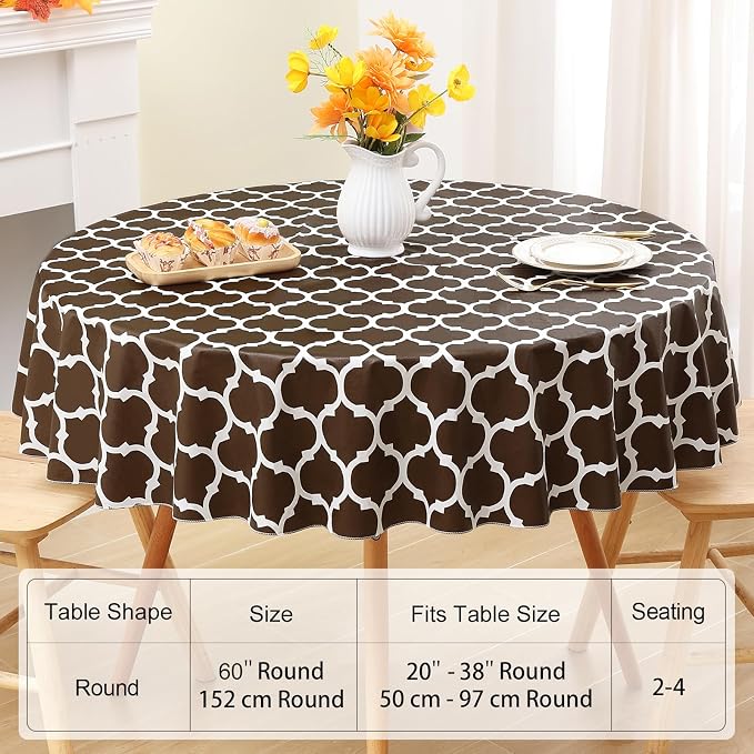 Smiry Round Plastic Table Cloth, Waterproof Vinyl Tablecloth with Flannel Backing for Round Tables, Wipeable Spillproof Tablecloths for Dining, Camping, Indoor and Outdoor (60" Round, Coffee)