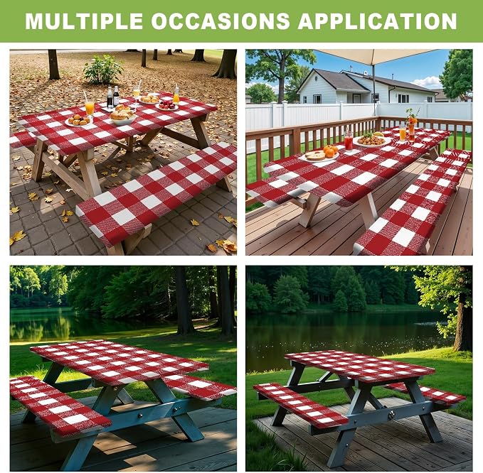 FOREVER QUEEN Picnic Table Cover with Bench Covers 72in,Waterproof Windproof Fitted Tablecloth,Red White Buffalo Plaid Camping Essentials with Drawstring Bag for Patio,Park & Backyard