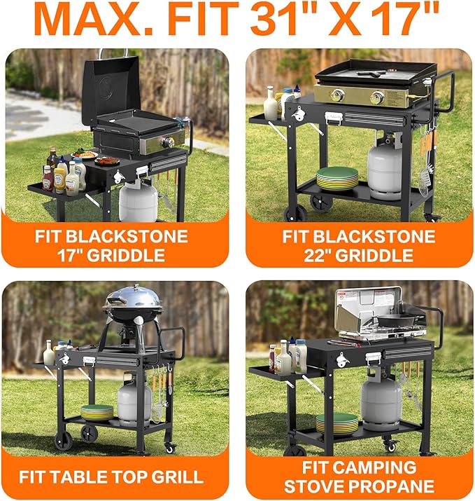 Portable Grill Table for Blackstone Griddle, Outdoor Grill Cart with Wheels, Griddle Stand Fit 17 Inch 22 Inch Ninja Griddle, Folding Table with Caddy for Outside Patio, Kitchen Cooking Prep Table