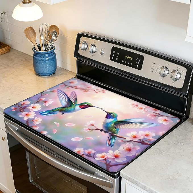 Spring Hummingbird Glass Top Stove Cover Protector,Pink Peach Flower Stove Top Covers for Electric Stove,Washable Heat Resistant Cooktop Mat Anti-Slip Range Covers, 28 x 20 Inch
