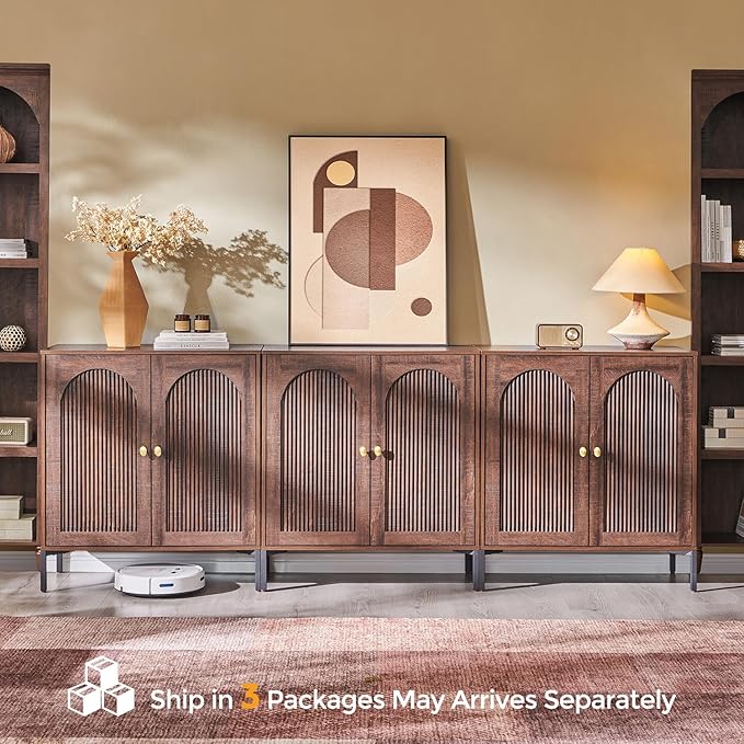 IFBUY Modern Sideboard Buffet Cabinet, 92.63" W Fluted Arched Buffet Cabinet with Storage and Adjustable Shelves, Wooden Modular Coffee Bar Cabinets for Kitchen, Entryway, Brown