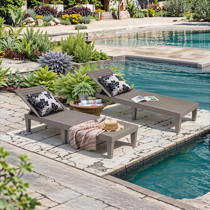 Outdoor Lounge Chairs Set of 2, 5-Position Adjustable Tanning Chairs with Wood Grain, All-Weather Resin Patio Recliners for Pool, Garden, Deck, Beach, Patio Lounge Chairs, Texture Grey
