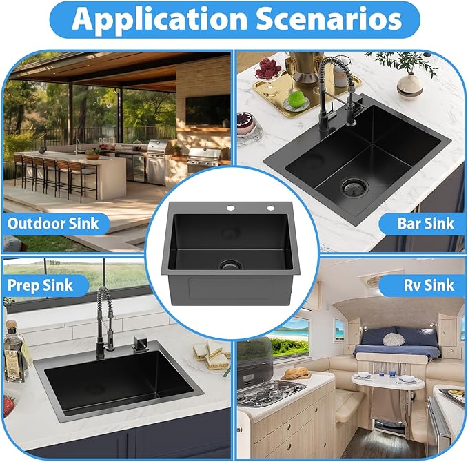 22 In Gunmetal Black Drop Bar Sink 22 x 18 Inch Kitchen Sink 18 Gauge Stainless Steel Single Bowl Topmount Handmade Sink for Outdoor, RV, 22x18x9