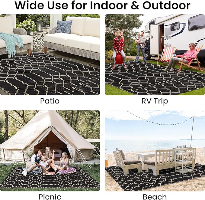 Smiry Outdoor Rug 5x8 ft Waterproof Reversible Boho Mat, Beige | Polypropylene Plastic Straw, Quick Drying, Lightweight Foldable, for Patio, Deck, RV Camping, Backyard and Indoor Outdoor Use