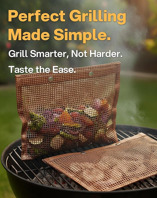 Mesh Grill Bags for Outdoor Grill – Reusable PTFE Non-Stick Grilling Pouch for Easy Cleanup, Grilling Bags for Vegetables, Fish & Smoker Accessories – Dishwasher Safe, 2Pcs