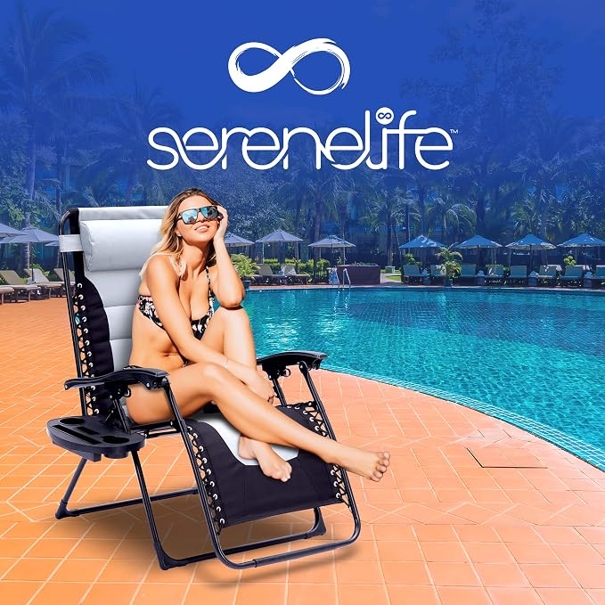 SereneLife Padded Zero Gravity Recliner Chair with Side Table, Gray | Lockable Recline, Cup Holder Tray And Padded Headrest Provide Comfortable Support For Patios, Camping And Outdoor Use