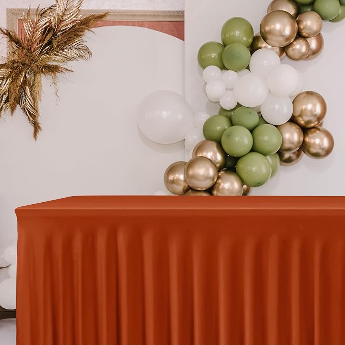 HolidayIdeas 4 Pack Rust Spandex Table Skirts 8ft Fall Tablecloths Ruffle | Stretchy Table Covers, Thanksgiving Decorations, Wrinkle Resistant Table Cloths For 30x96, Rectangle Tables for Autumn Event