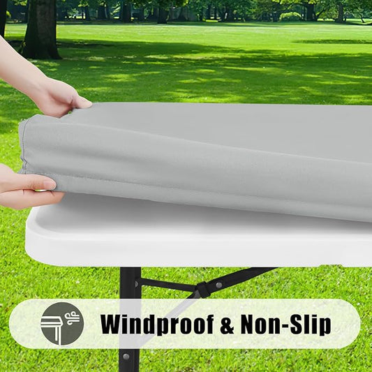 Smiry Rectangle Picnic Table Cloth, Waterproof Elastic Fitted Tablecloths for 8 Foot Tables, Washable Polyester Table Cover for Camping, Outdoor and Indoor (Light Grey, 30"x96")