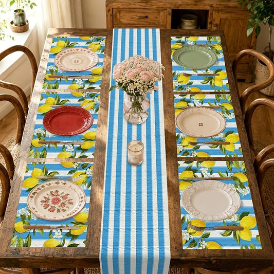 Nuxovilar Tablerunner and Placemats Set of 7 Blue-White Stripe Lemon Decor Linen Square Placemats for Dining Dining Sets and Accessories Summer Picnic, Outdoor BBQ, Breakfast Table