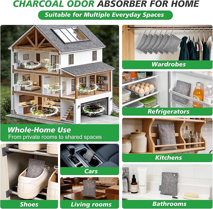 Activated Charcoal Bags Air Purifying 15 Pack, Bamboo Charcoal Odor Absorber for Home Closet Car Shoes, 70g Gray, Natural Odor Neutralizer, Moisture Absorber, Reusable up to 2 Years, 6 Hooks