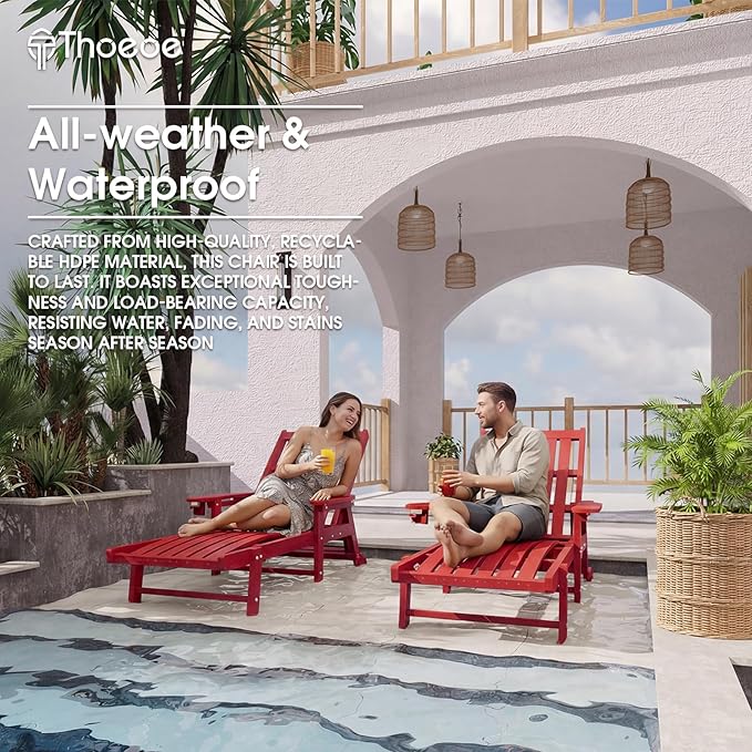 THOEOE Patio Chaise Lounge Chair, Oversized Lounge Chair Outdoor with 5 Positions, 78″ Long, HDPE, Patio Lounge Chair with Wheels & Cup Holder for Pool, Deck, Poolside,Red