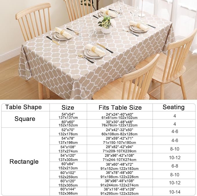 Smiry Rectangle Table Cloth, Waterproof Vinyl Tablecloths with Flannel Backing for Rectangle Tables, Wipeable Spillproof Plastic Tablecloth for Dining, Camping, Indoor and Outdoor (54"x120", Khaki)