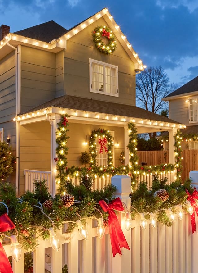 Vintage C9 Christmas Lights Outdoor, 25FT 25 LED String Lights Warm White | Waterproof Connectable Christmas Tree Lights for House, Roofline, Indoor Outside, Garden Patio Decor, White Wire
