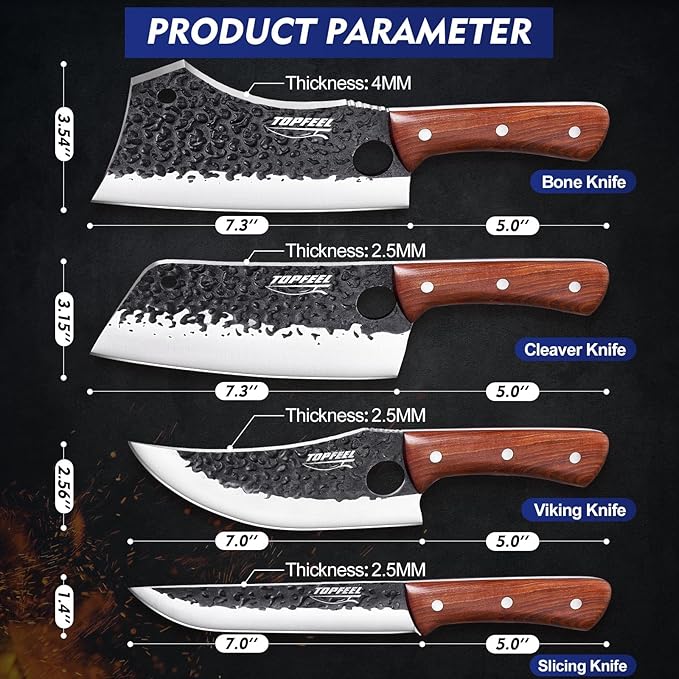 Topfeel 4PCS Meat Cleaver Set -Heavy Duty Bone Chopper & Meat Cleaver & Viking Knife & Slicing Knife, Chef Knives Set for Home Kitchen,Camping, BBQ Knives Gift for Men