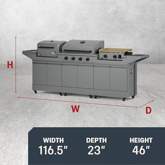 Tytus Anaheim 4-Burner Gas Grill with Two Prep Carts, Charcoal Grill, and Gas Griddle with Cover, Light, and Baking Stone - Modular Outdoor Kitchen, Quick Assembly, Outdoor Cooking
