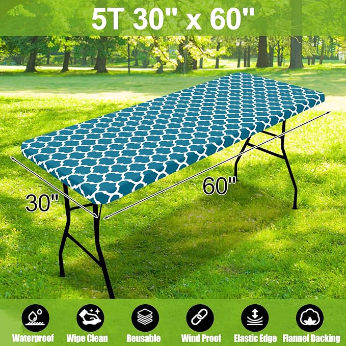Smiry Picnic Fitted Table Cover, 5 Foot Flannel Backed Vinyl Tablecloth | Waterproof Elastic Stretch Table Cloth, Wipeable Plastic Tablecloth for Camping, Indoor & Outdoor (Turquoise, 30" x 60")