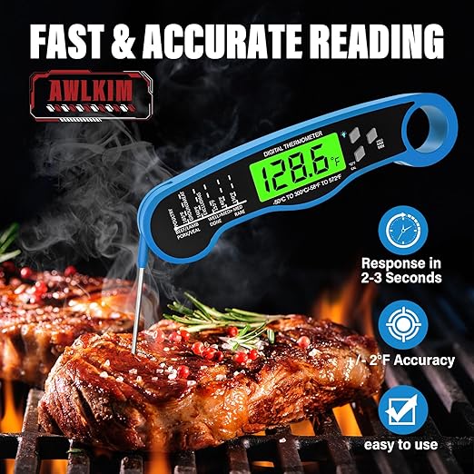 Fast Instant Read Meat Thermometer with Backlight - Waterproof Digital Food Probe for Grilling, Cooking, Baking & Candy Making - Kitchen & BBQ Essential(Blue)