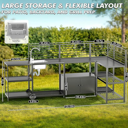 LEVELEVE Modular Outdoor Kitchen Island 5-Piece Set, Aluminum Outdoor Prep Station Grill Cart with Independent Sink, Storage Cabinets & Shelves for Backyard Patio Deck