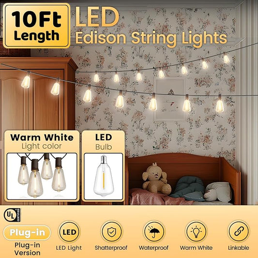 10FT Outdoor String Lights - Waterproof LED Patio Lights Shatterproof ST38 Edison Bulbs, Connectable Hanging Outdoor Vintage Lights for Indoor Backyard Yard Gazebo Porch Party Decor