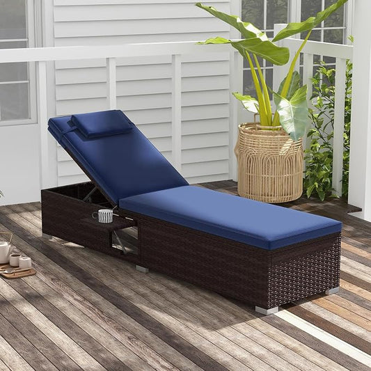 Tangkula Patio Chaise Lounge, Outdoor Rattan Lounge Chair w/ 6-Level Backrest, Comfy Seat Cushion & Headrest, Sturdy Metal Frame, Outside Reclining Chair for Backyard, Poolside (1, Navy)