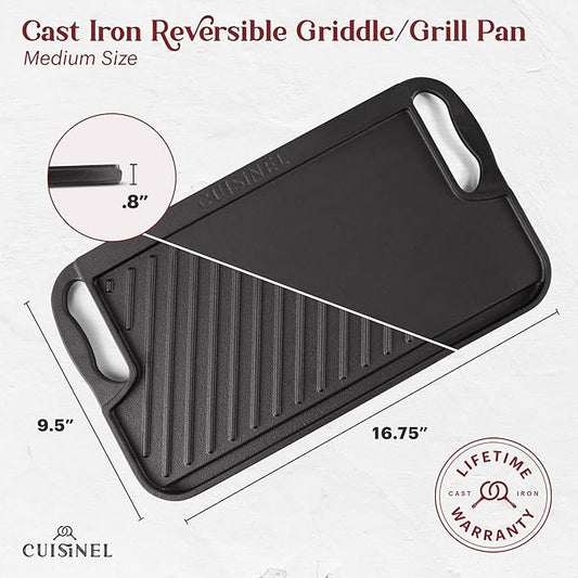 Cuisinel Cast Iron Griddle/Grill + Scraper/Cleaner - Reversible Pre-Seasoned 16.75" X 9.5"-inch Dual Handle Flat Skillet and Griller Pan - Works Indoor/Outdoor, Stove Burner, Gas, Fire