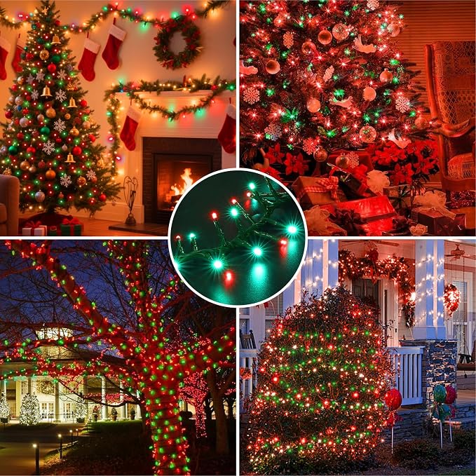 500 LED Red & Green String Lights, 46ft 16 Modes Plug in Christmas Lights, Waterproof Connectable Color Changing Cluster Lights for Indoor Outdoor Party Holiday Decor