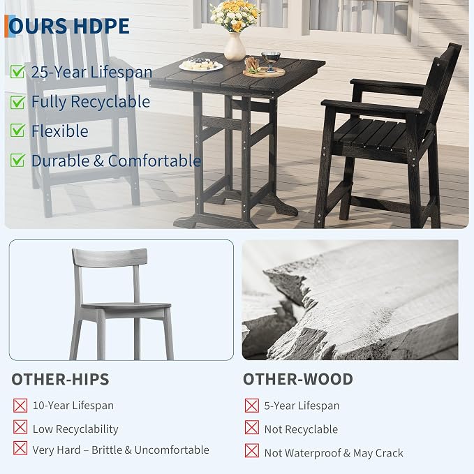 Garvee Outdoor Patio Bar Height Chair Set of 2, All-Weather HDPE Bar Height Barstools Widened Chair Set, Adirondack Chairs Set with Widened Armrests for Garden, Poolside, Bistro
