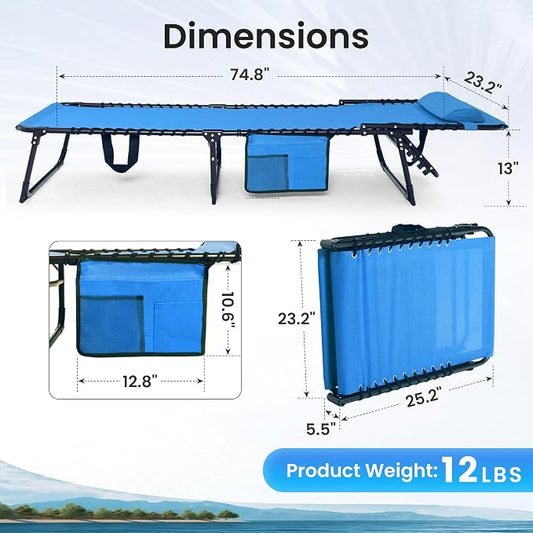 Outdoor Folding Chaise Lounge 5-Position Adjustable Recliner 400LB Heavy Duty Portable Patio Camping Beach Chair, Blue