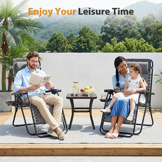 Zero Gravity Chair Set of 2, Adjustable Folding Reclining Lounge Chairs with Mesh Back, Adjustable Pillows & Cup Holder Trays, Outdoor Patio Lawn Chairs for Pool, Beach & Camping, Grey