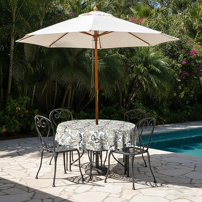 LVTXIII Round Outdoor Tablecloth with Umbrella Hole and Zipper, Water-Repellent 60 Inch Patio Table Cover for Bistro, Garden, Patio & Picnic, Dailey Tan