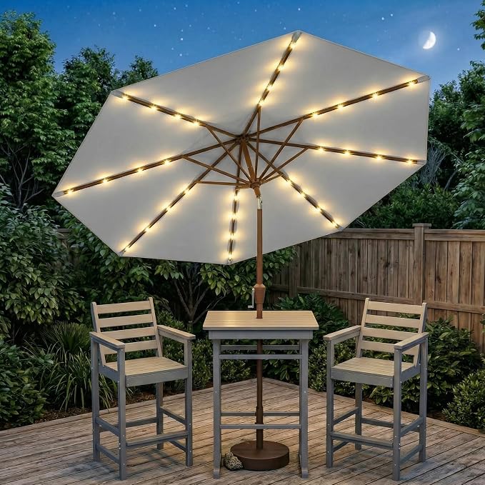 10FT Solar Lighted Patio Umbrella, Outdoor Table Market Umbrellas with Push Button Tilt and Crank, 32 LED Lights, 8 Sturdy Ribs, UV-Resistant for Deck, Garden, Pool