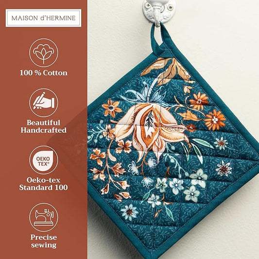 Maison d' Hermine Pot Holders Set 100% Cotton Heat Resistant Potholders 8" x 8" Hot Pads with Loop for Thanksgiving Christmas Decorations Baking Handling Hot Pans (Pack of 2, Luxury Loft - Dark Teal)