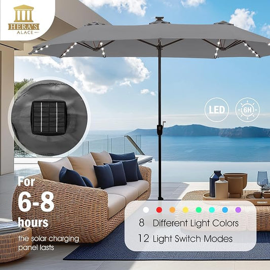 HERA'S PALACE 13 ft Patio Umbrella with 120 LED Solar Lights Double Sided Outdoor Umbrella for Patio 8 Colors Changing Table Umbrella for Garden Pool, Smoky Gray