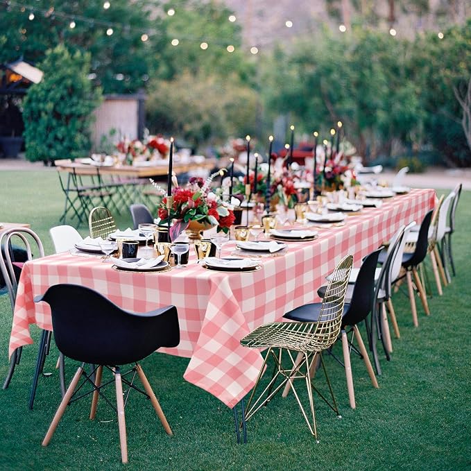 Hiasan Plaid Outdoor Picnic Tablecloth Waterproof, 2 Pack, 60 x 84 inch - Checkered Table Cloths Rectangle for Valentine's Day/Kitchen/Spring Party/Wedding, Peach Pink and White