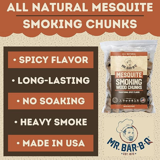 3.5 Lb. Bag Mesquite Wood Chunks by Mr. Bar-B-Q, Mesquite Smokey Spicy Flavor for Smoking, Grilling & Camping Essentials, Alternative for Charcoal Briquettes Can be Use on Gas, Wood Chunks for Smokers