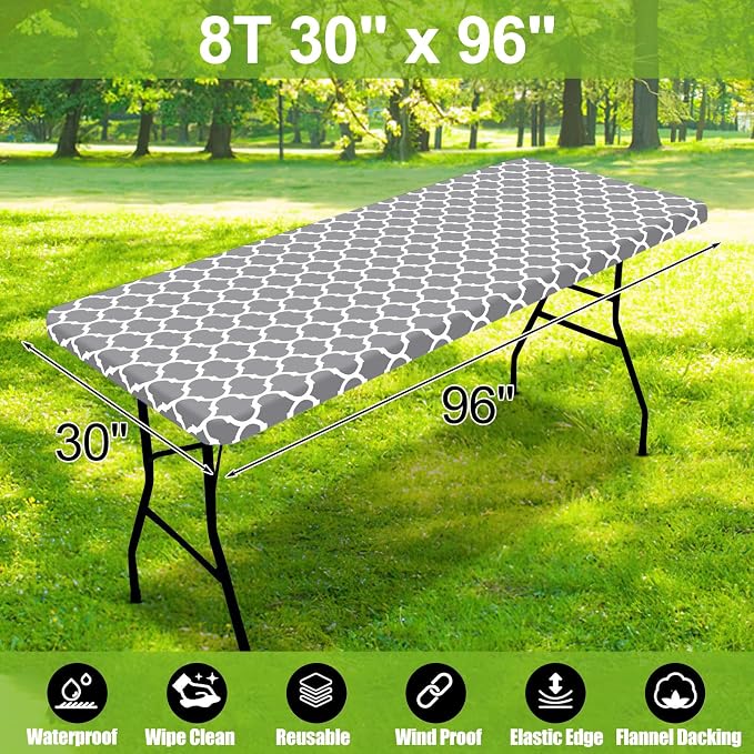 Smiry Picnic Fitted Table Cover, 8 Foot Flannel Backed Vinyl Tablecloth | Waterproof Elastic Stretch Table Cloth, Wipeable Plastic Tablecloth for Camping, Indoor & Outdoor (Grey, 30" x 96")