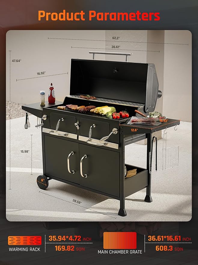NATURAL EXPRESSIONS Charcoal Grills BBQ grill,36 in Large Smoker Grill with Dual-Zone Lifting Trays,Heavy Duty Charcoal Grill with Foldable Side Tables,Large Outdoor Grill for Backyard,BBQ,Party